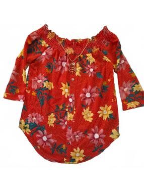 Chances R Red Floral Smocked Peasant Blouse Size S